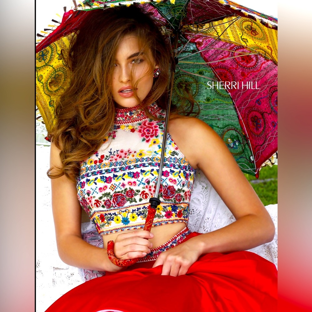 Sherri Hill Embroidered and Beaded Red Two Piece Skirt and Crop Top Set